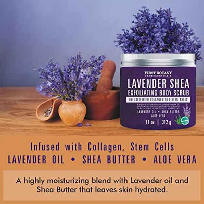 Lavender Oil Body Scrub Exfoliator with Shea Butter, Collagen, Stem Cells, Grapefruit Oil - Natural Exfoliating Salt Scrub & Body and Face Souffle hel