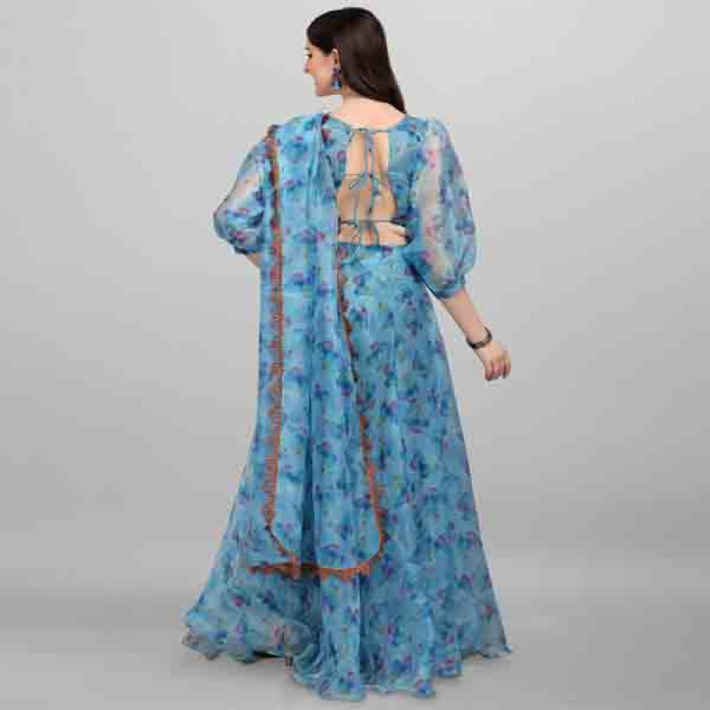 Blue Organza Flared Lehenga