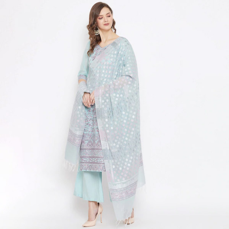 Women Sea Green & Pink Ethnic Motifs Woven Organic Cotton Unstitched Dress Material