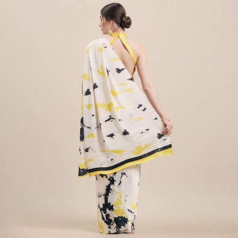 White & Yellow Satin Printed Saree