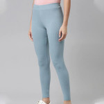 Women Blue Solid Slim-Fit Ribbed Ankle Length Leggings